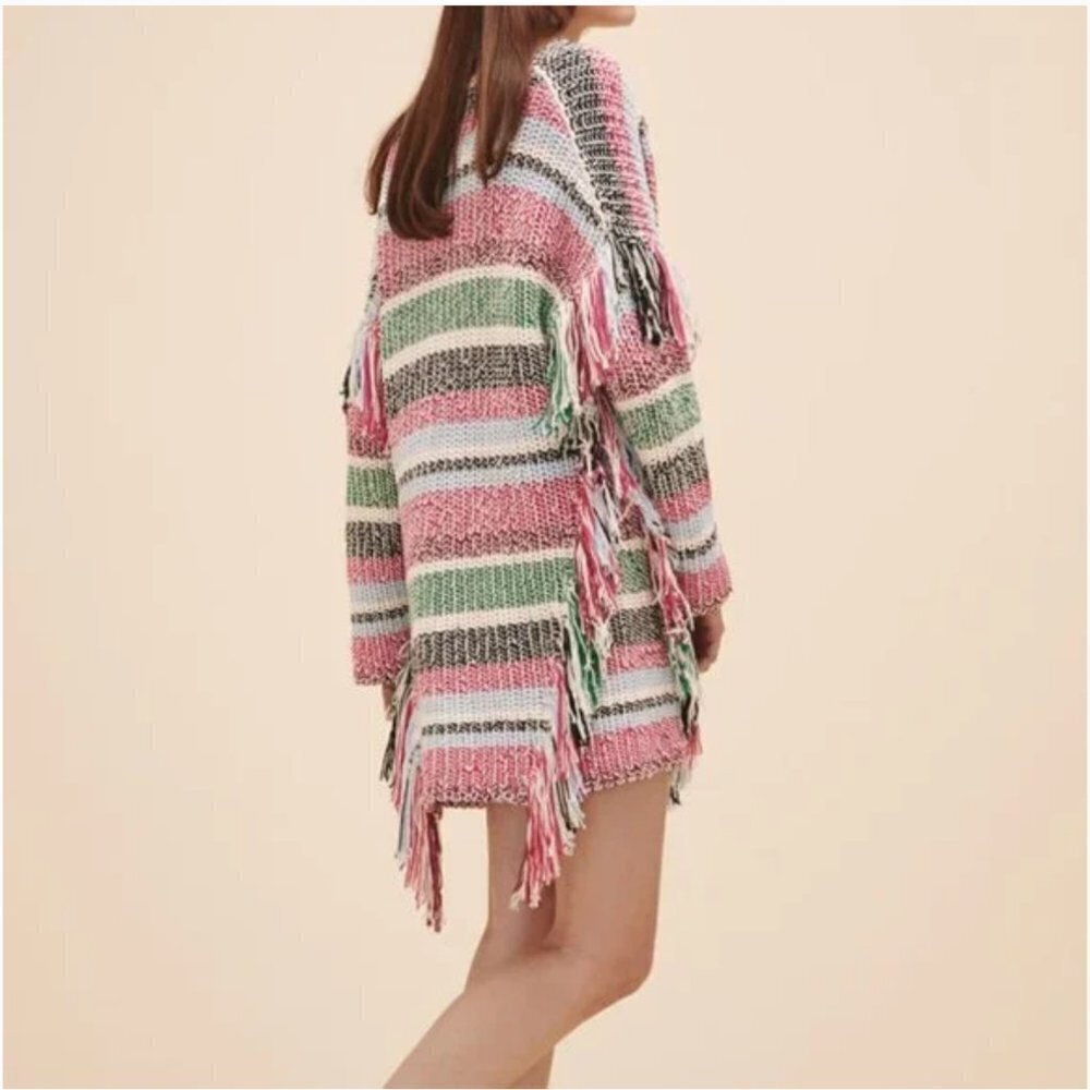 Maje Missy Multicolor Stripe Fringe Knit Long Sleeve Open Front Cardigan Small S - Picture 15 of 15